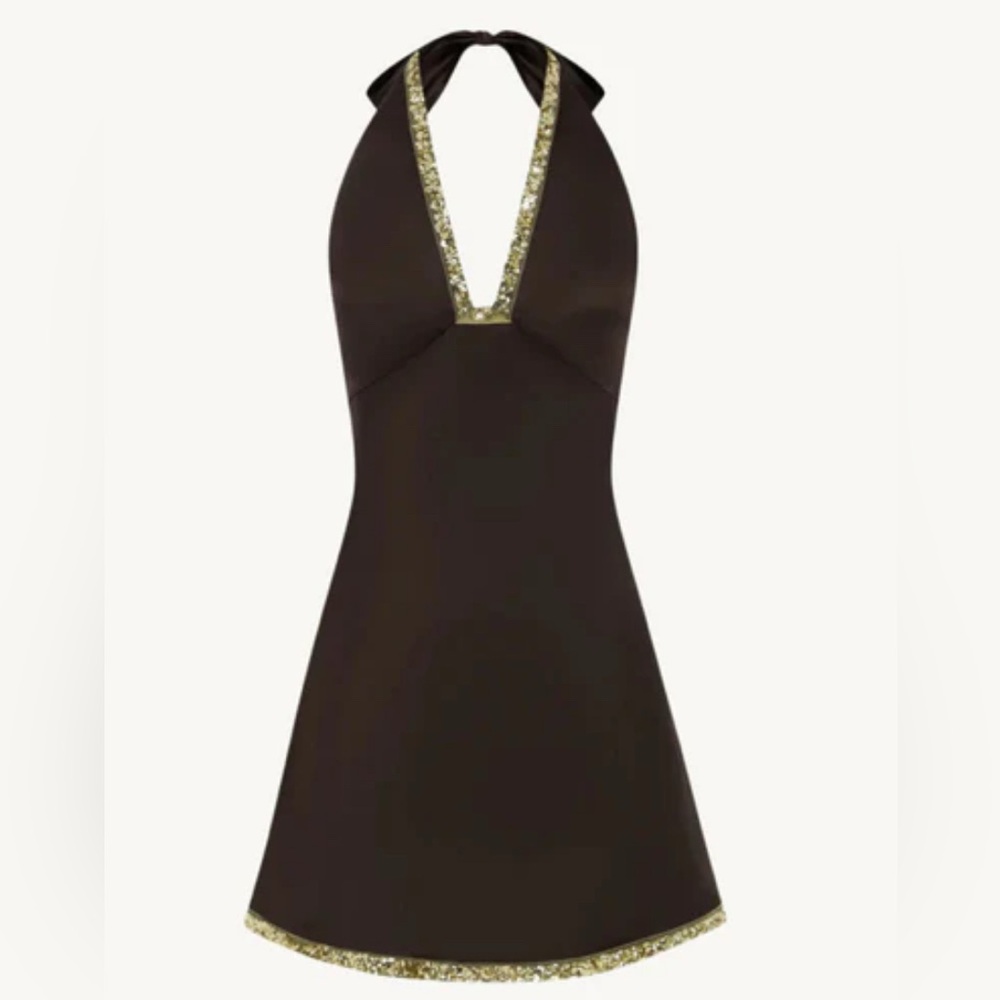 Elegant Black Halter Dress with Gold Accents